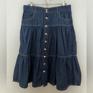 Western Button Down Tiered Midi Denim Skirt, Size 12